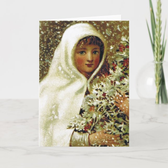 Victorian winter girl holly berry snow painting card (Front)