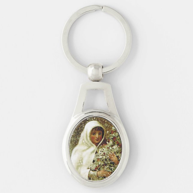 Victorian winter girl holly berry snow painting  keychain (Front)