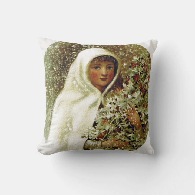 Victorian winter girl holly berry white green red throw pillow (Front)