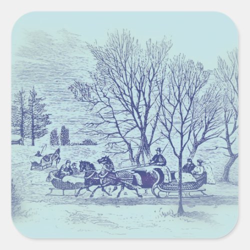 Victorian winter scene in blue square sticker