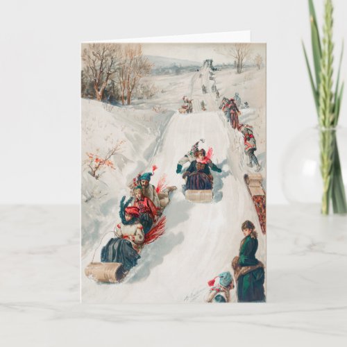Victorian winter snow sledding vintage sled card