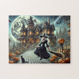 Victorian Witch Halloween Moonlit Haunted House Jigsaw Puzzle