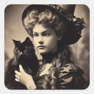 Victorian Witch with a Black Cat Vintage Photo Square Sticker