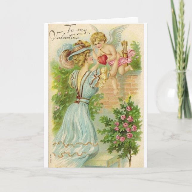 Victorian Woman and Cupid Valentine's Day Card (Front)