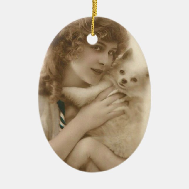 Victorian Woman and Dog Antique Photo Ceramic Ornament (Front)