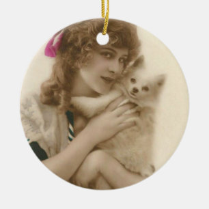 Victorian Woman and Dog Antique Photo Ceramic Ornament