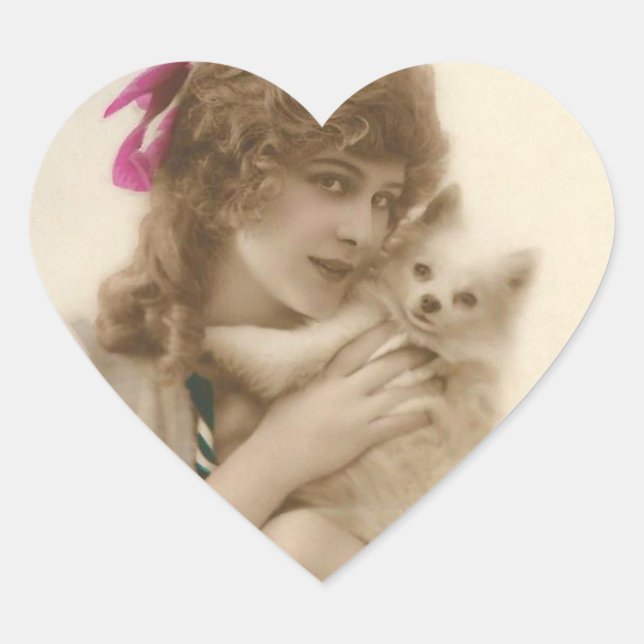 Victorian Woman and Dog Antique Photo Heart Sticker (Front)