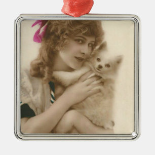 Victorian Woman and Dog Antique Photo Metal Ornament