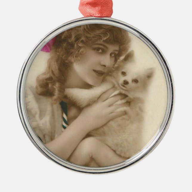 Victorian Woman and Dog Antique Photo Metal Ornament (Front)