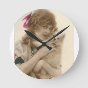 Victorian Woman and Dog Antique Photo Round Clock