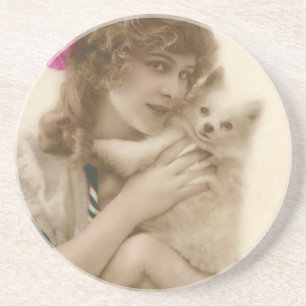 Victorian Woman and Dog Antique Photo Sandstone Coaster