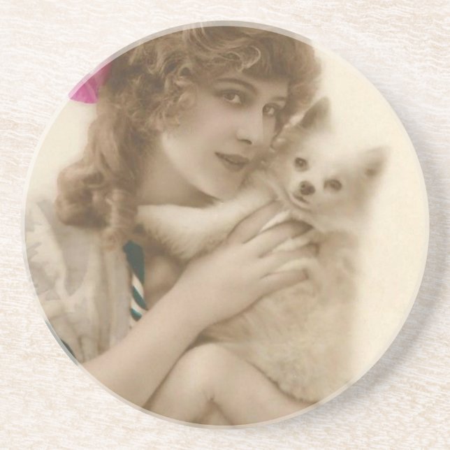 Victorian Woman and Dog Antique Photo Sandstone Coaster (Front)