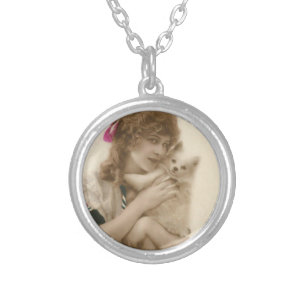 Victorian Woman and Dog Antique Photo Silver Plated Necklace