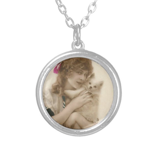 Victorian Woman and Dog Antique Photo Silver Plated Necklace (Front)