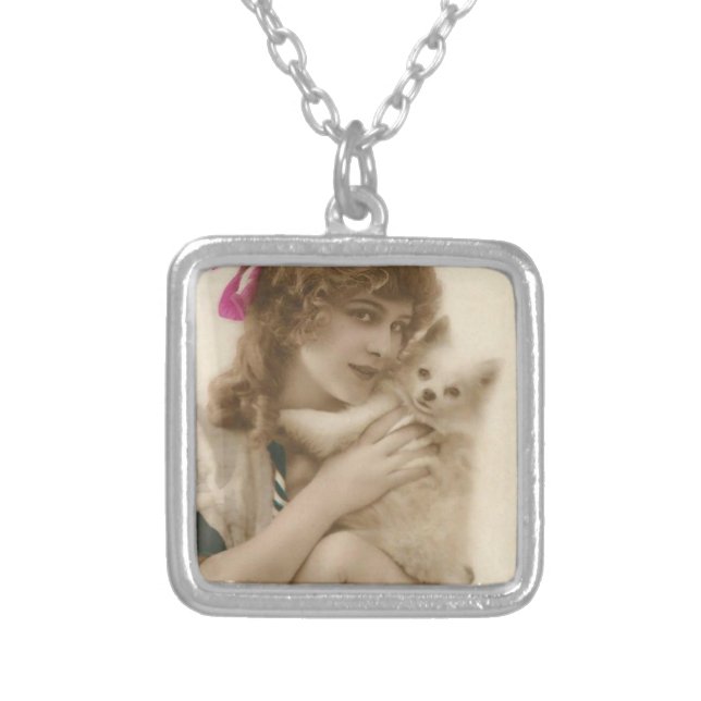 Victorian Woman and Dog Antique Photo Silver Plated Necklace (Front)
