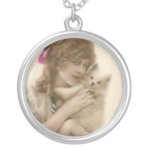Victorian Woman and Dog Antique Photo Silver Plated Necklace