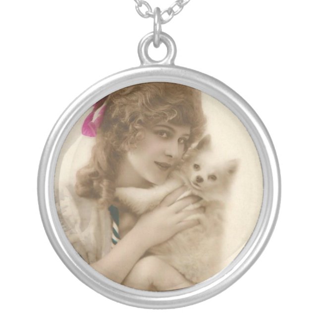 Victorian Woman and Dog Antique Photo Silver Plated Necklace (Front)