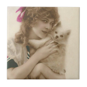 Victorian Woman and Dog Antique Photo Tile