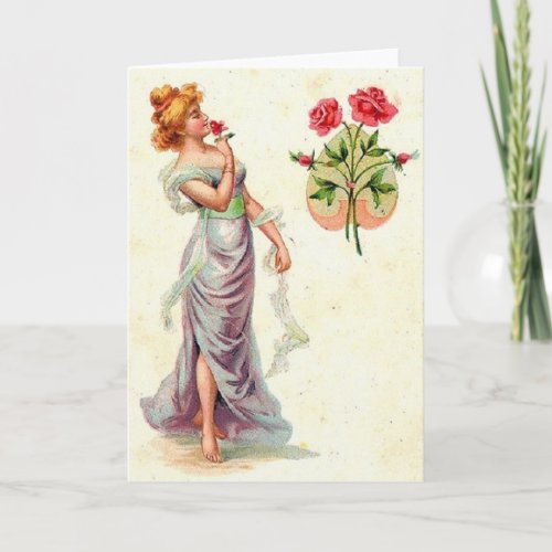 Victorian Woman And Red Roses Note Card