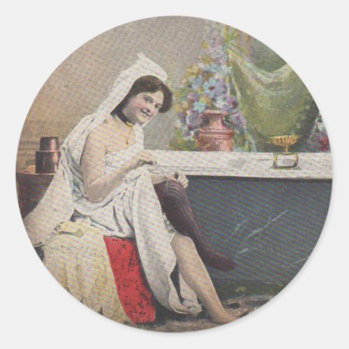 Victorian woman bathing bath classic round sticker