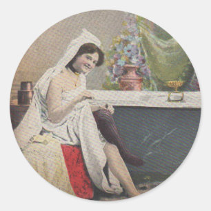 Victorian woman bathing bath classic round sticker