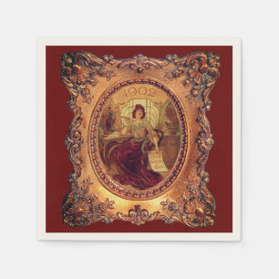 Victorian woman elegant frame burgundy red gold napkins