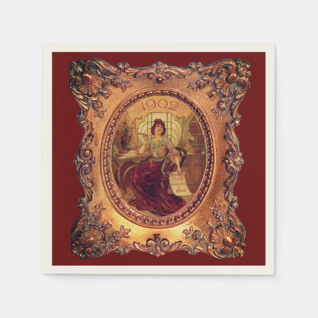 Victorian woman elegant frame burgundy red gold napkins (Front)