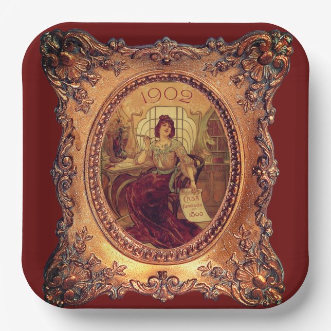 Victorian woman elegant gold picture frame red paper plates (Front)