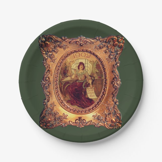 Victorian woman elegant Victorian frame gold green Paper Plates (Front)