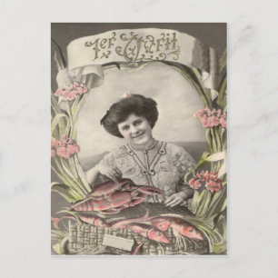Victorian Woman Fish Poisson d'avril April Fool's Postcard