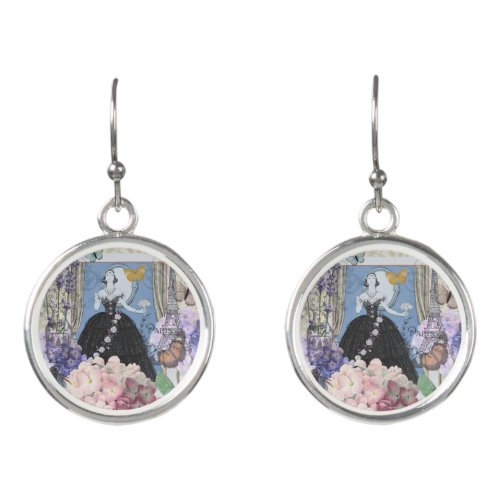 Victorian Woman Floral Fancy Gown  Earrings