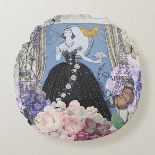 Victorian Woman Floral Fancy Gown  Round Pillow