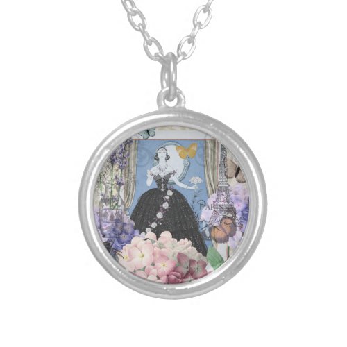 Victorian Woman Floral Fancy Gown  Silver Plated Necklace