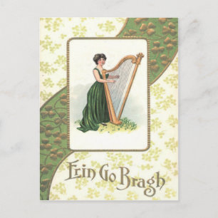 Victorian Woman Harp Shamrock Gold Postcard