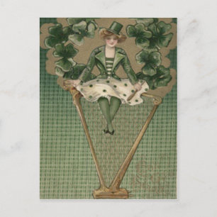 Victorian Woman Harp Shamrock Green Top Hat Postcard