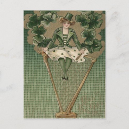 Victorian Woman Harp Shamrock Green Top Hat Postcard