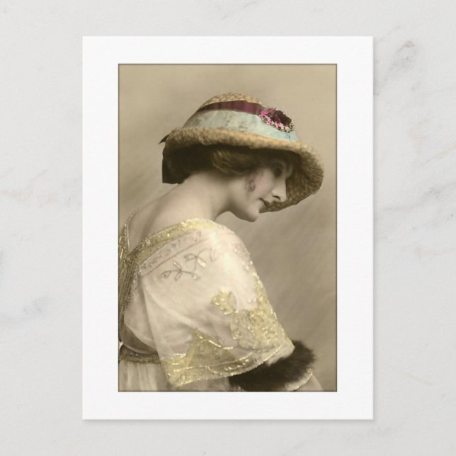 victorian woman hat beaded dress postcard (Front)