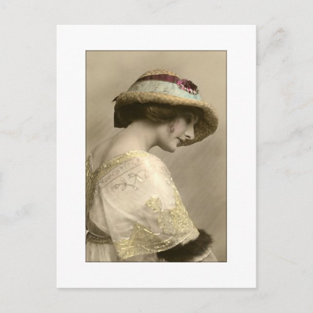 Victorian woman in hat and beaded dress postcard (Front)