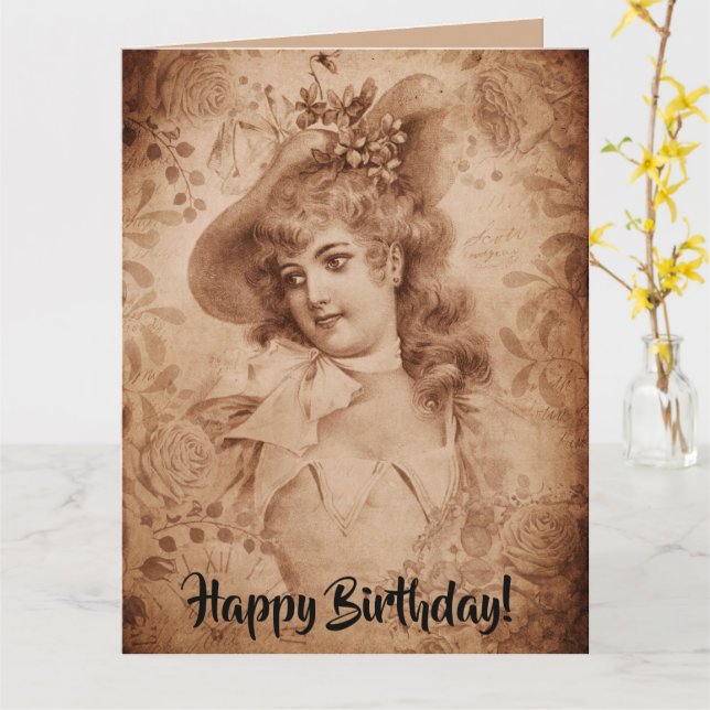 Victorian Woman in Hat Flowers Sepia Monochrome  Card (Yellow Flower)