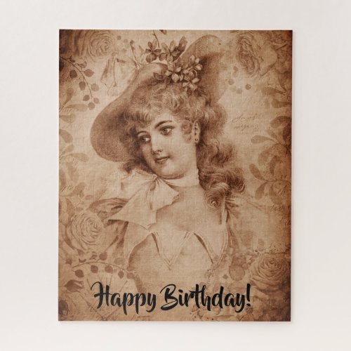 Victorian Woman in Hat Flowers Sepia Monochrome Jigsaw Puzzle