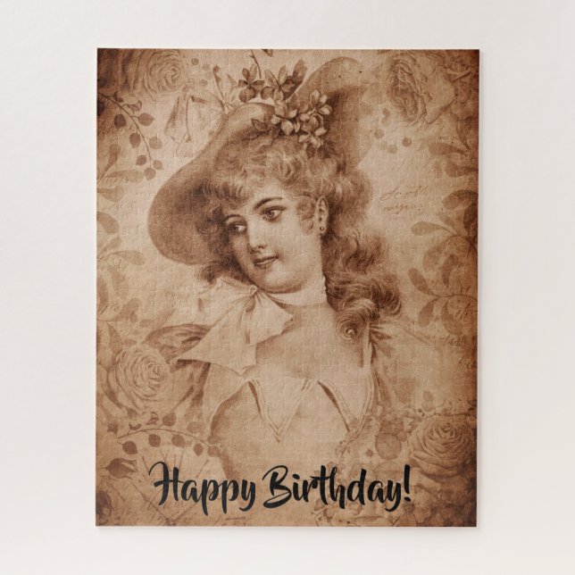 Victorian Woman in Hat Flowers Sepia Monochrome Jigsaw Puzzle (Vertical)