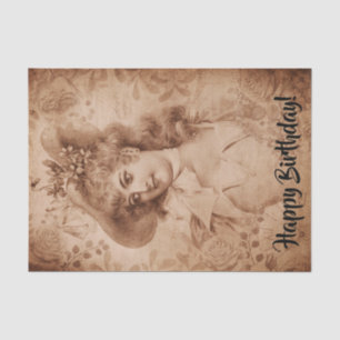 Victorian Woman in Hat Flowers Sepia Monochrome Tissue Paper