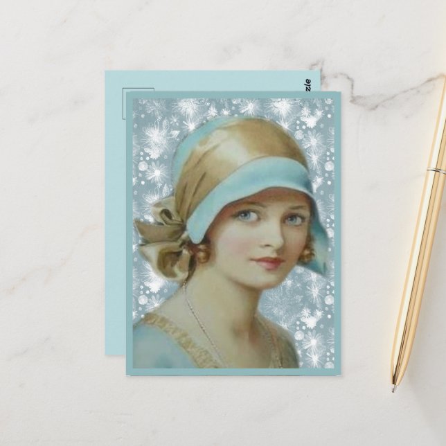 Victorian Woman in Light Blue Hat & Dress Postcard (Front/Back In Situ)