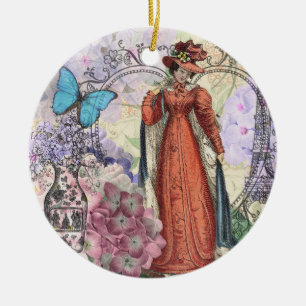 Victorian Woman in Red Colorful Fashion Ceramic Ornament