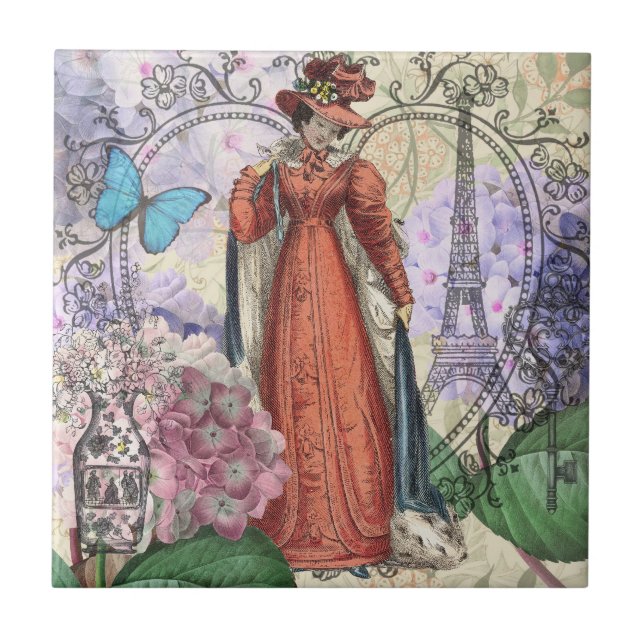 Victorian Woman in Red Colorful Fashion Ceramic Tile (Front)