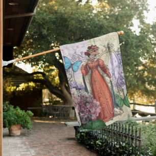 Victorian Woman in Red Colorful Fashion House Flag