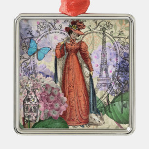 Victorian Woman in Red Colorful Fashion Metal Ornament