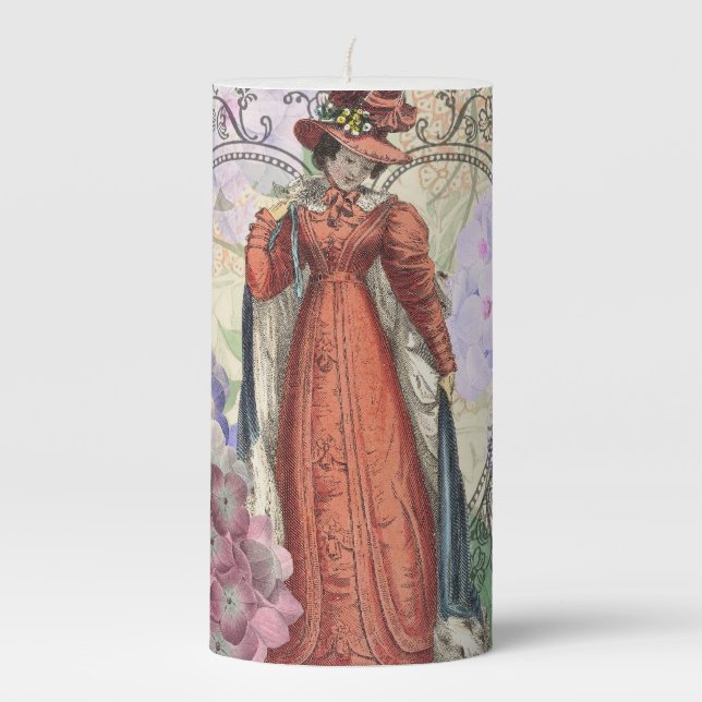 Victorian Woman in Red Colorful Fashion Pillar Candle (Front)