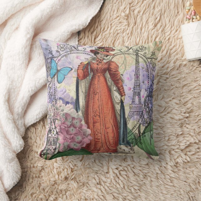 Victorian Woman in Red Colorful Fashion Throw Pillow (Blanket)