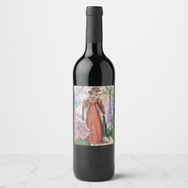 Victorian Woman in Red Colorful Fashion Wine Label (Front)